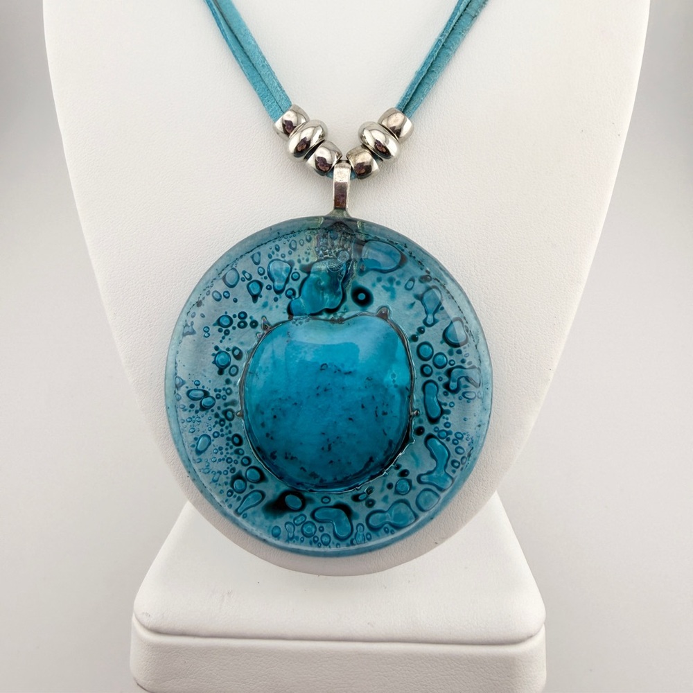 Extra Large Blue Blown Glass Pendant on Blue Leather Chain Statement Necklace